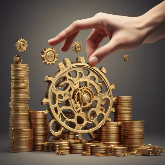Golden hand symbolizes cash for a real estate purchase while the mortgage wheel represents financing options: cash and mortgages.