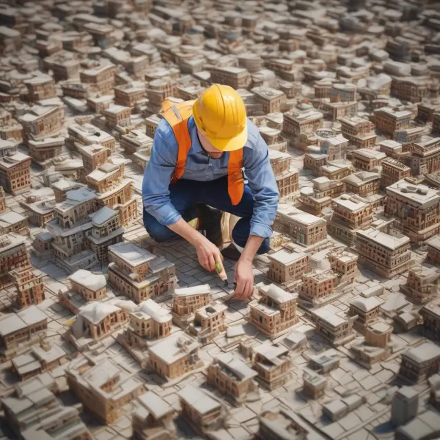 Builder creating a mosaic of buildings at different stages of development: renovation, new construction, and land sales
