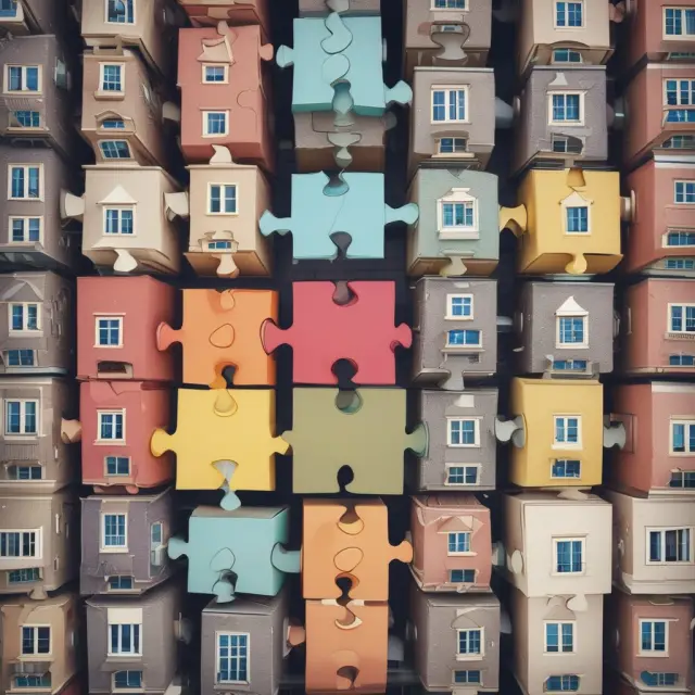 A beautifully crafted puzzle illustrating the interplay between RELPs, REITs, MREFs, and direct real estate ownership, representing various investment choices in the realm of real estate