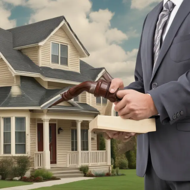 A lender stands confidently with a gavel at a foreclosure auction, as a house transforms into an REO property behind them