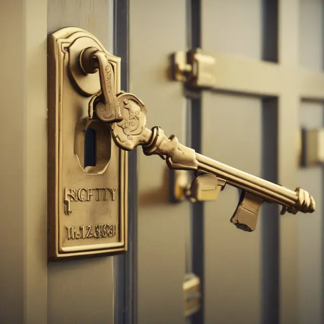 A golden key unlocks the gates of an old, castle-like REO property, symbolizing the acquisition of a discounted real estate owned property with clean title and lien-free ownership