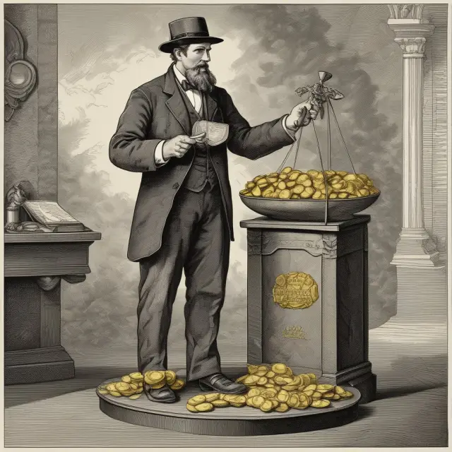 A man in a top hat traveling through time holds gold coins on a scale balanced with inflation rate index labels from different eras.