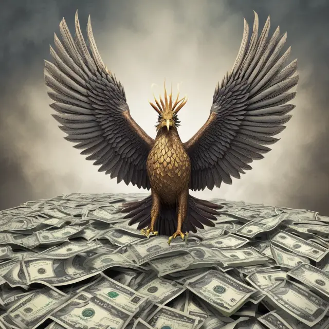 A mythical Phoenix emerging from a pile of dollars, representing the transformation of nominal wages into real purchasing power via BLS reports