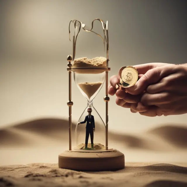 Person holding a gold coin over an hourglass filled with sand, illustrating real income