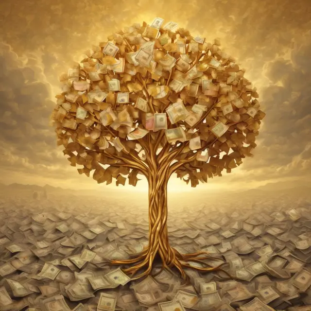 A golden tree flourishes in the midst of flames, symbolizing investments maintaining purchasing power against inflation.