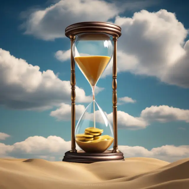 Golden hourglass pouring sand into the balanced scales, symbolizing real income and inflation