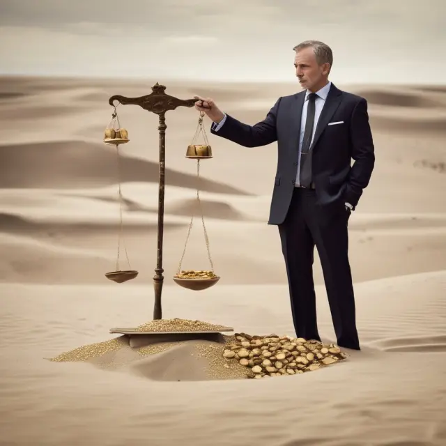 A bond on a scale balancing gold coins representing real returns, and eroding sand symbolizing inflation