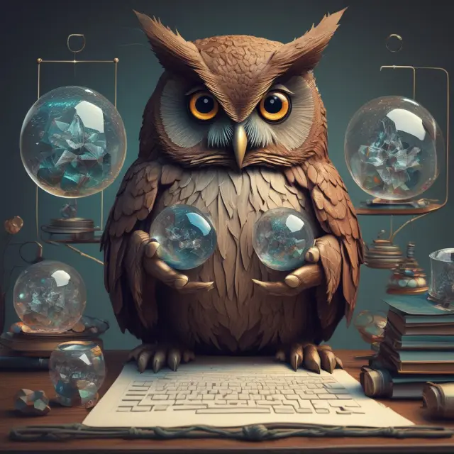 A wise owl, symbolizing investors, meticulously assessing illiquid investment returns using crystal realization multiples