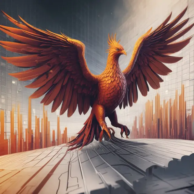 Phoenix symbolizes fund resilience and rise to success, with financial charts illustrating performance metrics