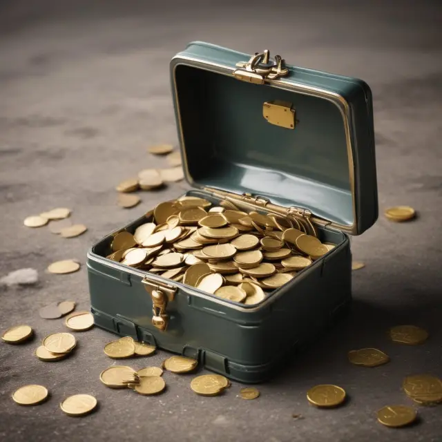 A gold-plated time capsule opens to reveal a cascade of golden coins, representing distributed capital and past performance in private equity