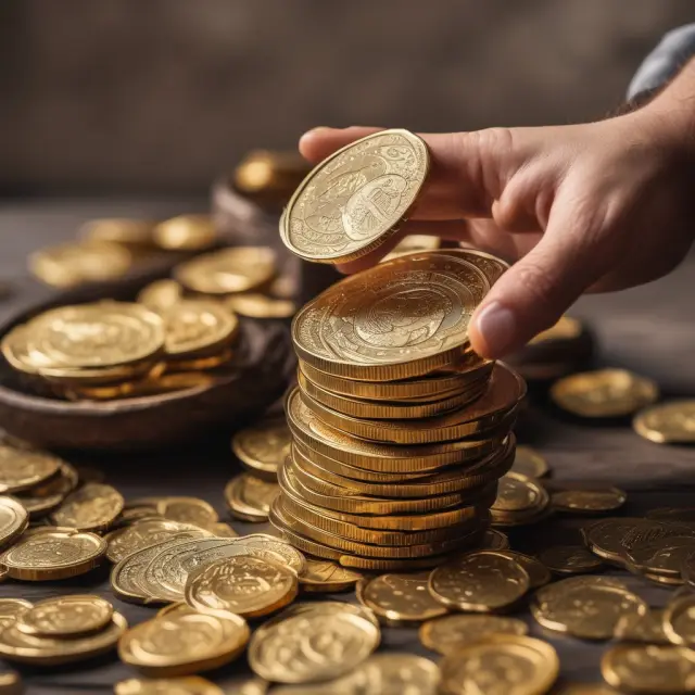 Golden scales with gold coins flowing onto the heavier side, symbolizing realized gain