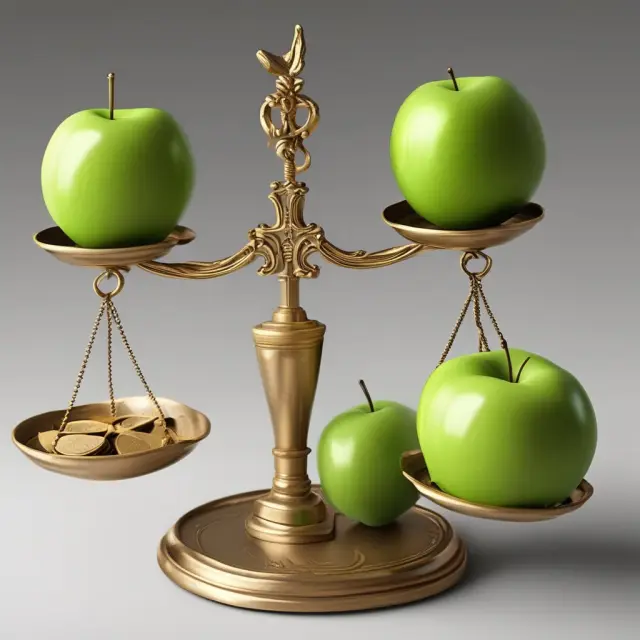Visualization of realized (golden coins) and unrealized (green apples) gains sitting atop a scale, representing their respective roles in finance.