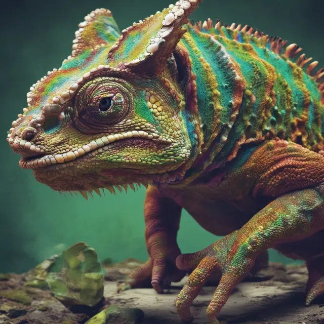 A chameleon morphing between traditional finance charts and real-option trees, symbolizing the flexibility of strategic decision-making