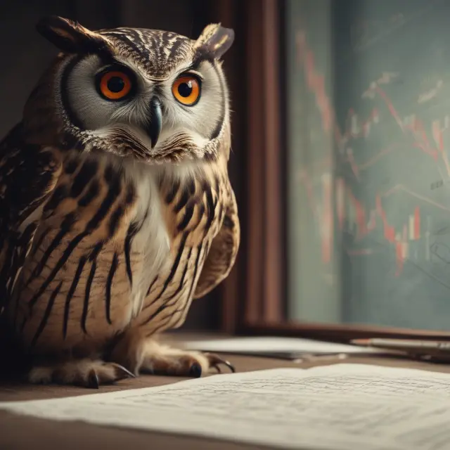 A wise owl, embodying intuition and experience, perched on top of financial charts for real options analysis