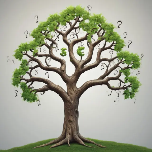 A tree with questions marks for leaves symbolizing FAQ about real options in finance