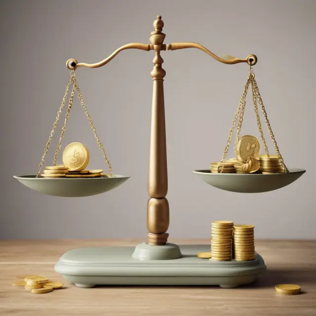 Image of a balance scale with gold coins symbolizing returns and weights on one side, while the other side holds a bag of gold representing inflation.