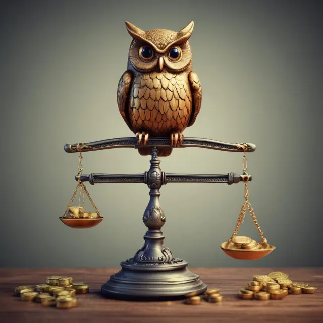 An owl carefully weighs gold coins and an inflation rate scroll to illustrate the importance of calculating real rates for institutional investing