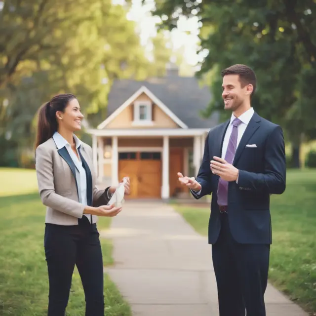 Image of a realtor acting as a bridge between a happy buyer and seller over a turbulent property market. Ethical standards symbolized by a