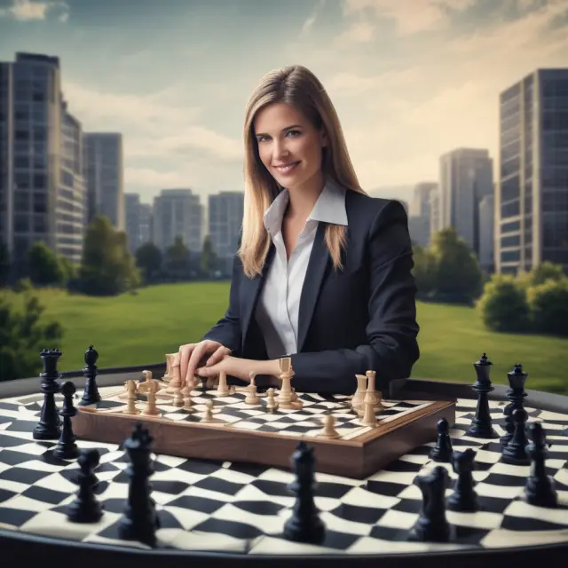 A realtor using technology tools on a chessboard representing the dynamic real estate market