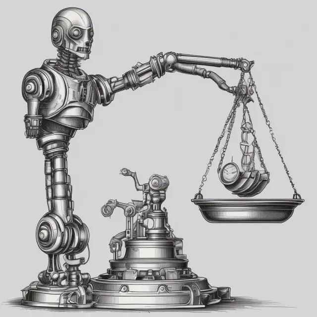 Robot hand adjusting balance scale for automated portfolio rebalancing.