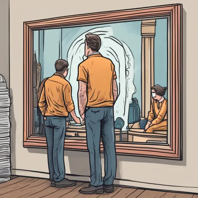 A short seller gazing into a mirror, with rebate fees and forced buy-ins represented as unsettling ocean waves reflecting the financial risks in their trading strategy