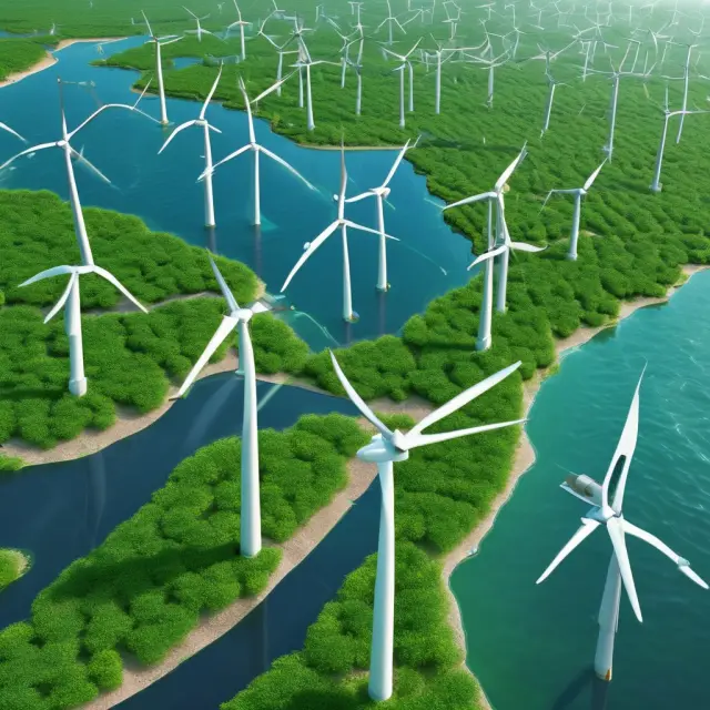 A dynamic image showing RECs as a fluid stream flowing between interconnected wind turbines, symbolizing the tracking mechanism for the transfer of renewable energy through the power grid