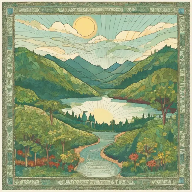 A colorful mosaic of solar panels, wind turbines, geothermal steam vents, hydroelectric dams, and biofuel crops, symbolizing various REC types fostering a greener energy future