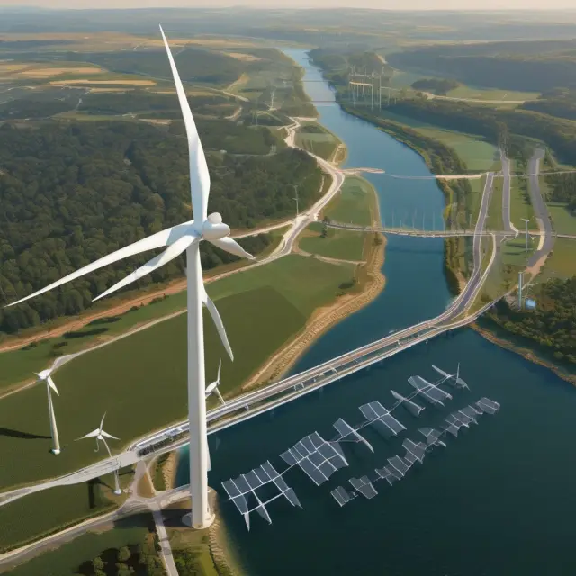 Wind turbines and solar panels linked through a bridge of carbon credits, representing the renewable energy certificates market fostering the transition to cleaner energy production.