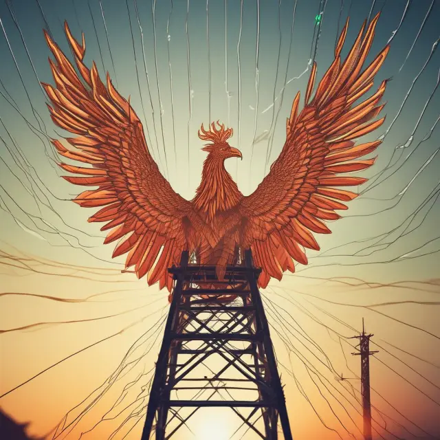 A phoenix rises above an intricate power grid, illustrating the renewable energy certificate market