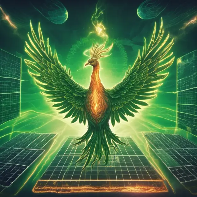 Phoenix rising above renewable energy logos and certificates, signifying their importance in the green energy revolution