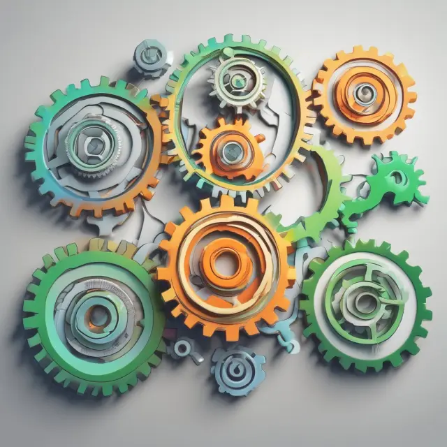 Gears symbolizing RECs from various renewable sources seamlessly connecting, illustrating energy trading