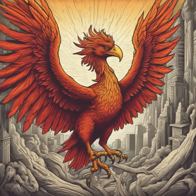 Phoenix rising from a pile of corporate debt and stock certificates, illustrating the financial transformation process of recapitalization