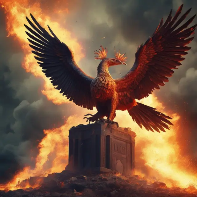 Two mythical birds emerging from flames, illustrating IBM and General Motors