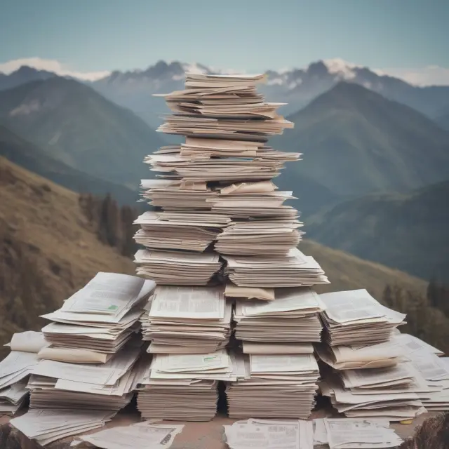 Table with sales, purchase, delivery, refund, and stock market receipts on a peak surrounded by financial documents