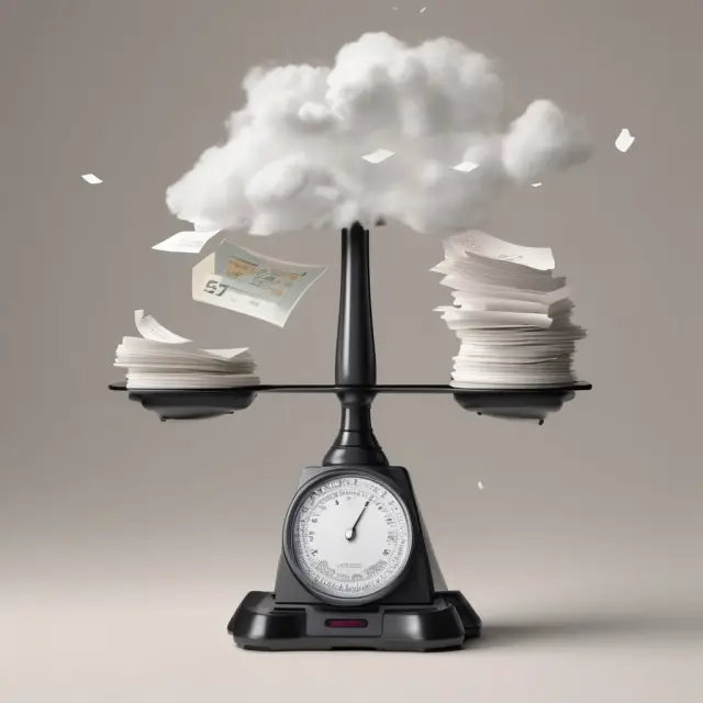 Digital scale with paper receipts on one side and a cloud of digital receipts on the other, illustrating IRS requirements for storing and accessing both paper and electronic receipts.