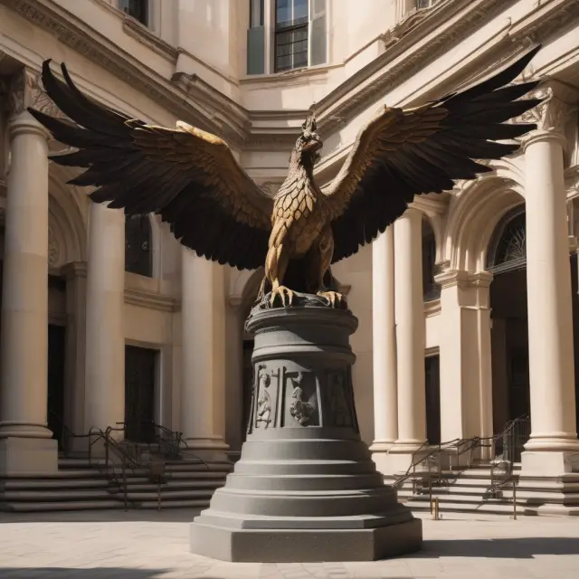 A courtyard scene with a phoenix and griffin guarding a gate, symbolizing the role of a court-appointed receiver in protecting distressed companies during receivership.