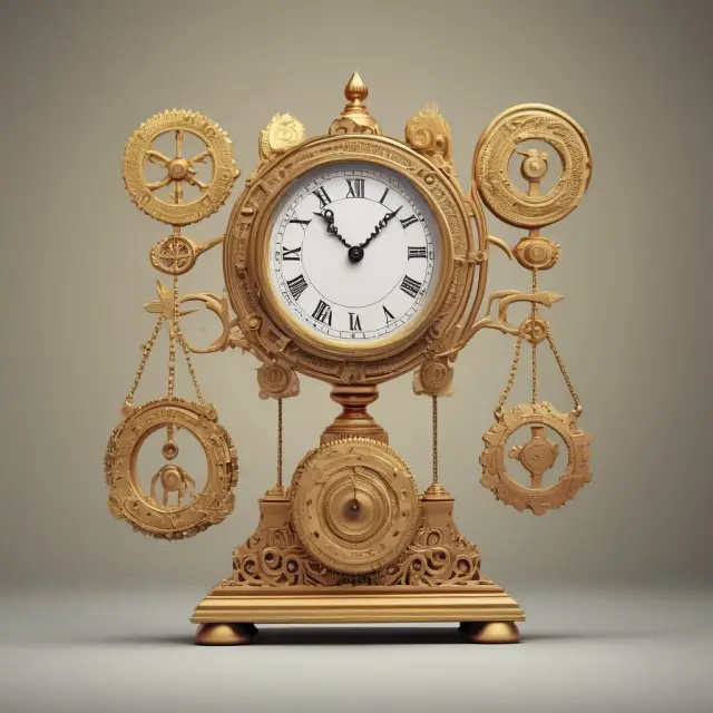 Golden clock face with interconnected gears made from coins and debt papers, indicating receivership