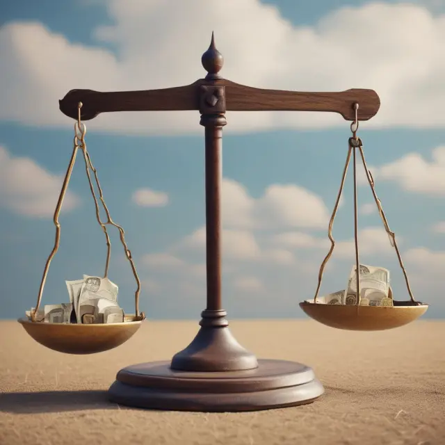 Two scales balanced by golden weights, one labeled 
