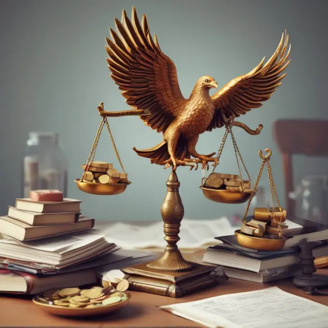 A set of scales balanced by a phoenix emerging from financial documents, representing the challenges and transformative power of reconciliation.