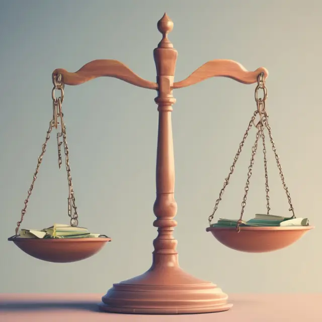 Two scales balanced on a table. On one side, a recourse loan with a golden yoke symbolizing risk and lender security; the other, non-recourse loan with a shield representing borrower protection