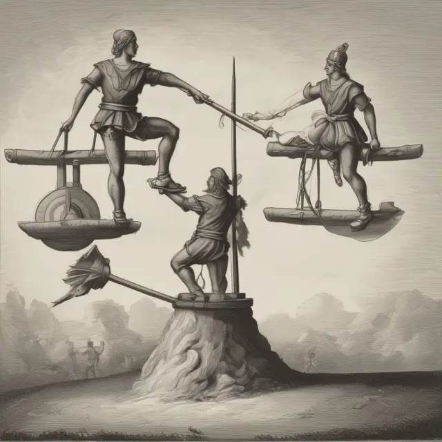 A warrior (lender) and archer (borrower) discussing terms on a seesaw, symbolizing the legal balance in recourse debt agreements.