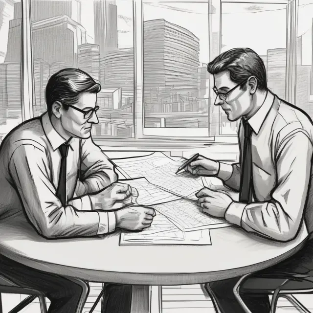Two figures discussing recourse debt best practices while reviewing legal documents and industry data on a table
