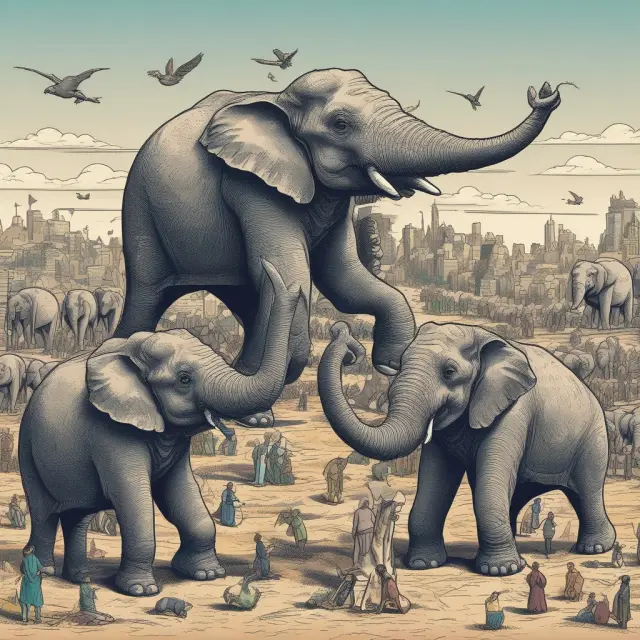 Elephants symbolizing various economic sectors balancing weights representing recovery rates