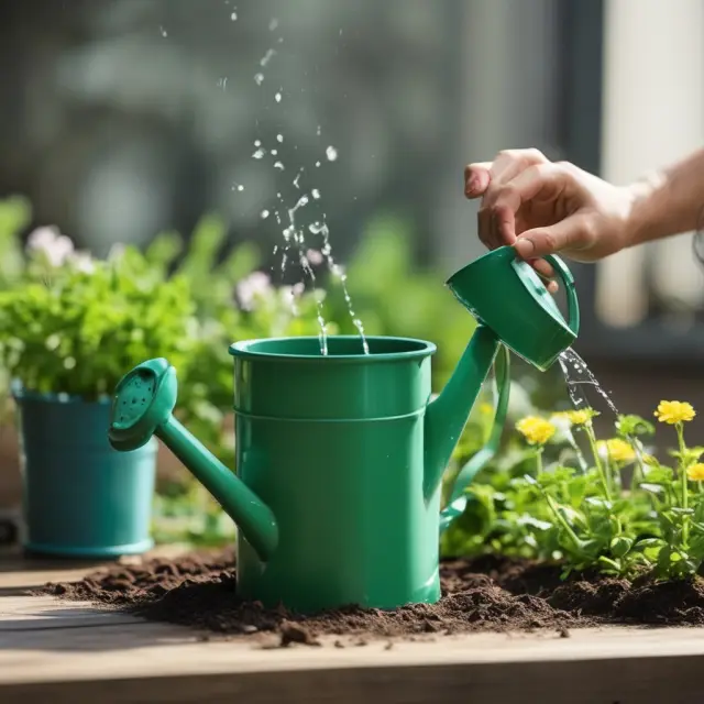 An automated watering can irrigates a lush garden, symbolizing the convenience and predictability of recurring billing.