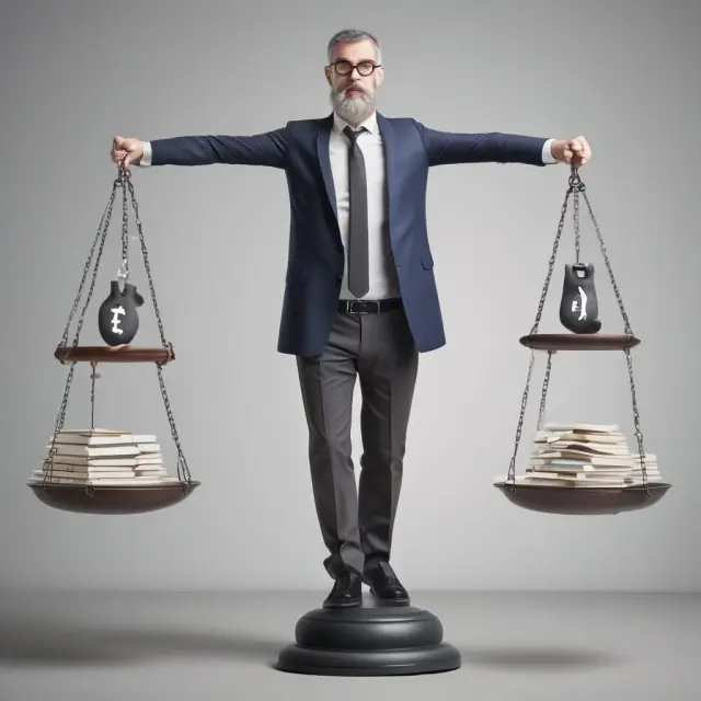 Businessman weighs the pros and cons of recurring billing on a balanced scale, symbolizing its benefits and challenges