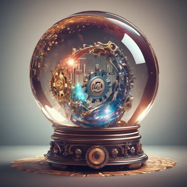 A crystal ball displaying gears and various digital currencies illustrating the future influence of recurring billing in finance and investment