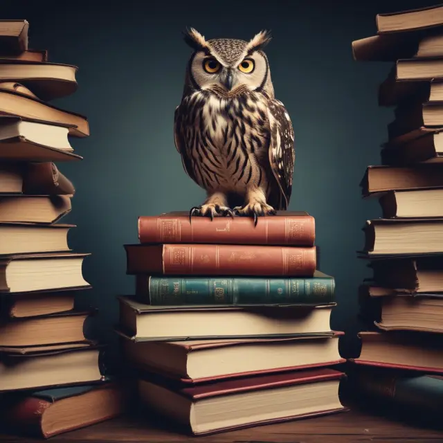An owl providing guidance on mutual fund redemptions, surrounded by a river of investors and piles of financial knowledge