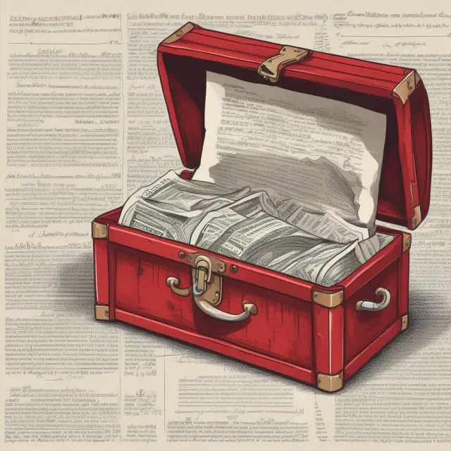 Red herring prospectus depicted as an ancient treasure chest with golden keys, balance sheets, income statements, and a magnifying glass examining management information