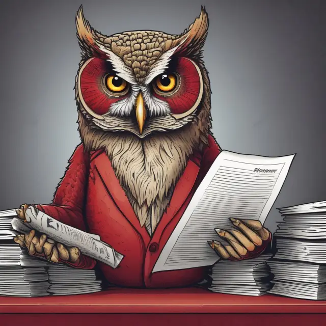 An wise SEC owl carefully scrutinizes a red herring prospectus to maintain investor trust through accurate information.