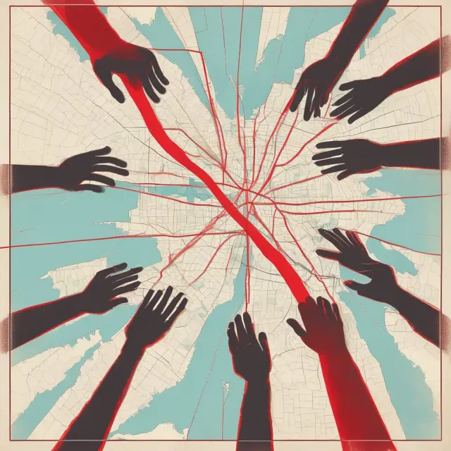 An image of a red line fading off a map as hands build structures, representing the end of discriminatory redlining practices.
